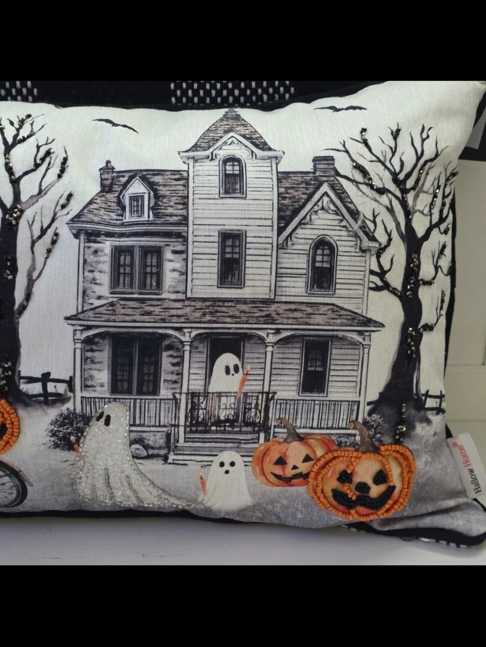 ♥️New! Halloween Haunted House & Ghosts Pillow Beaded Pumpkins Striped Back.